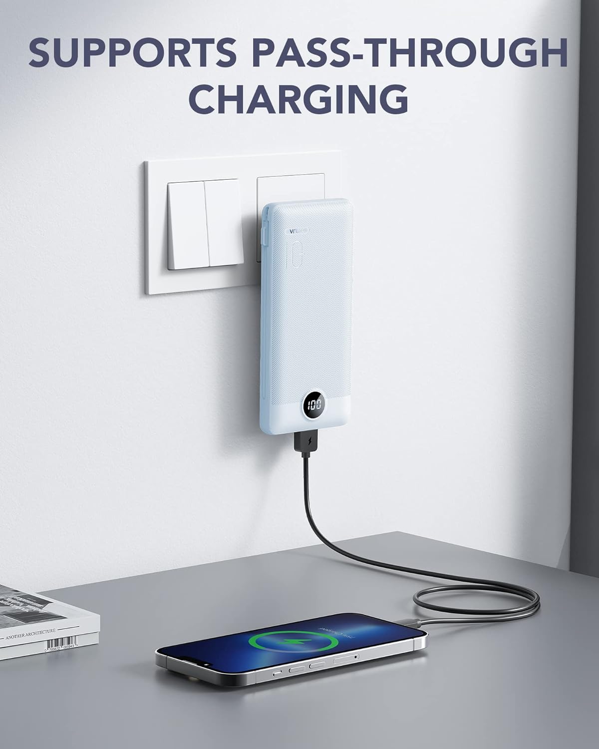 Power Bank Built-in Cables, VRURC 10000mAh Portable Charger USB C, Lightweight Charging Bank Built-in AC Plug, Replacement Battery Compatible with All Kinds of Cellphones, Tablet etc-Blue