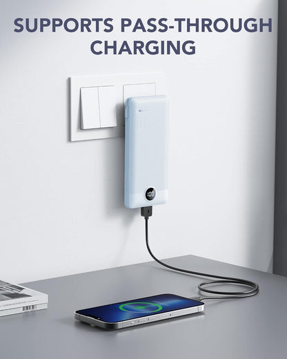 Power Bank Built-in Cables, VRURC 10000mAh Portable Charger USB C, Lightweight Charging Bank Built-in AC Plug, Replacement Battery Compatible with All Kinds of Cellphones, Tablet etc-Blue