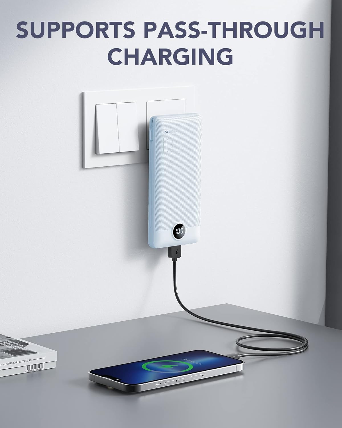 Portable Charger Built-in Cables and AC Wall Plug, VRURC USB C Power Bank 10000mAh, [2025 Upgraded Version] Phone Charger Compact Lightweight External Battery Pack for Smart Phones,Navy Blue