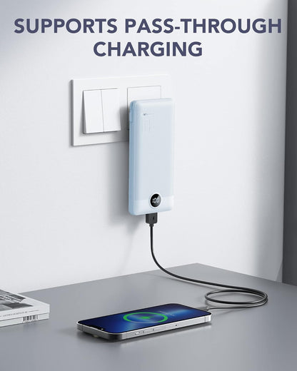 Portable Charger for iPhone, 10000mAh Power Bank with Built-in Cables & AC Wall Plug, USB C Phone Charger 5 Output External Battery Pack Compatible with iPhone Samsung Google Pixel Android -White