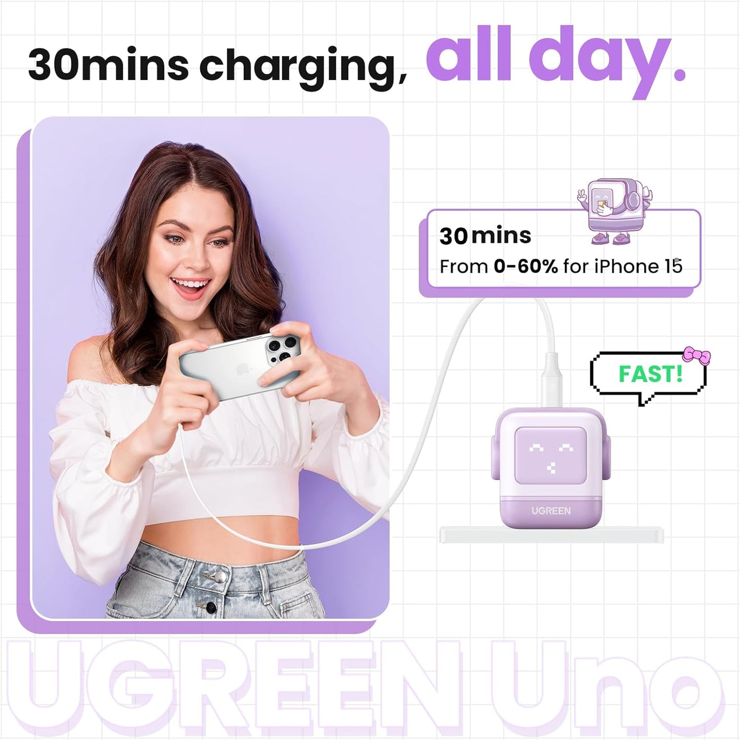 UGREEN Uno 30W USB C Charger, Nexode Robot GaN Fast Charger Block, Compact Wall Charger Power Adapter for iPhone 15 Pro Max/14, Galaxy S24/S23/S22, Pixel 7 Pro/8 Pro, MacBook Air, iPad Pro, Purple