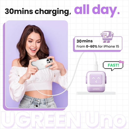 UGREEN Uno 30W USB C Charger, Nexode Robot GaN Fast Charger Block, Compact Wall Charger Power Adapter for iPhone 15 Pro Max/14, Galaxy S24/S23/S22, Pixel 7 Pro/8 Pro, MacBook Air, iPad Pro, Purple