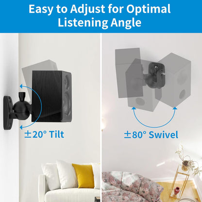PlusAcc Speaker Wall Mount Brackets – Surround Sound Speaker Wall Mounts with 20° Tilt & 80° Swivel, Bookshelf Speaker Wall Screws Mounts, Holds Up to 7.7 lbs, Space-Saving Design (2-Pack, Black)