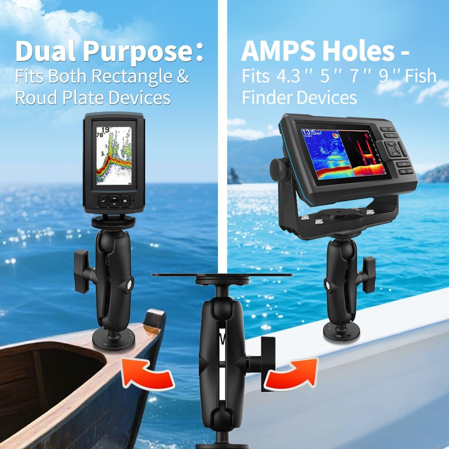S109 Aluminum Alloy Fish Finder Mount with C Size 1.5" Ball, Dual Purpose Rectangle Plate & Round Base, 6.7" Long Arm Marine Electronic Mount Compatible with Garmin, Lowrance, Humminbird, and More