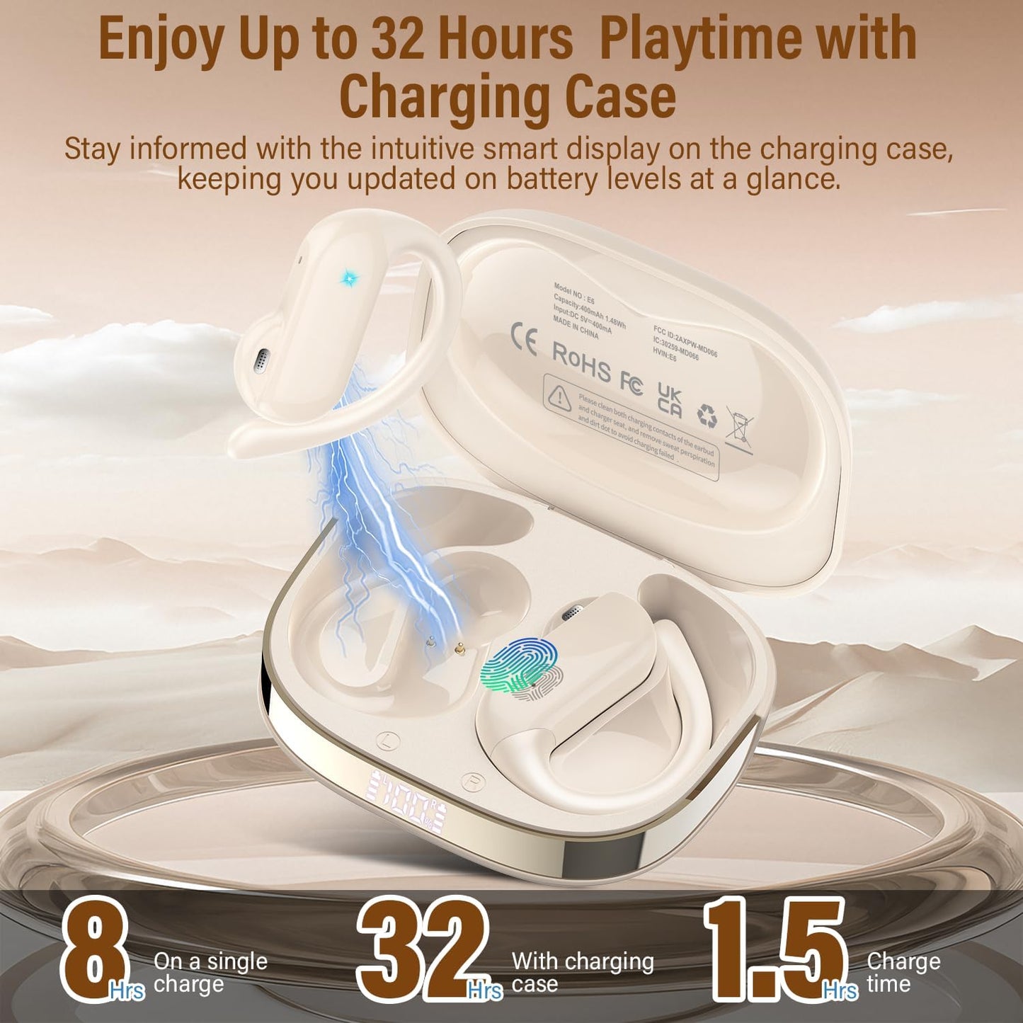 Open Ear Headphones, Bluetooth 5.4 Wireless Earbuds with HD Clear Calls, 32Hrs Immersive Stereo Air Conduction Earphones with Earhooks, LED Display, IPX7 Lightweight Open Ear Buds for Sports Blue