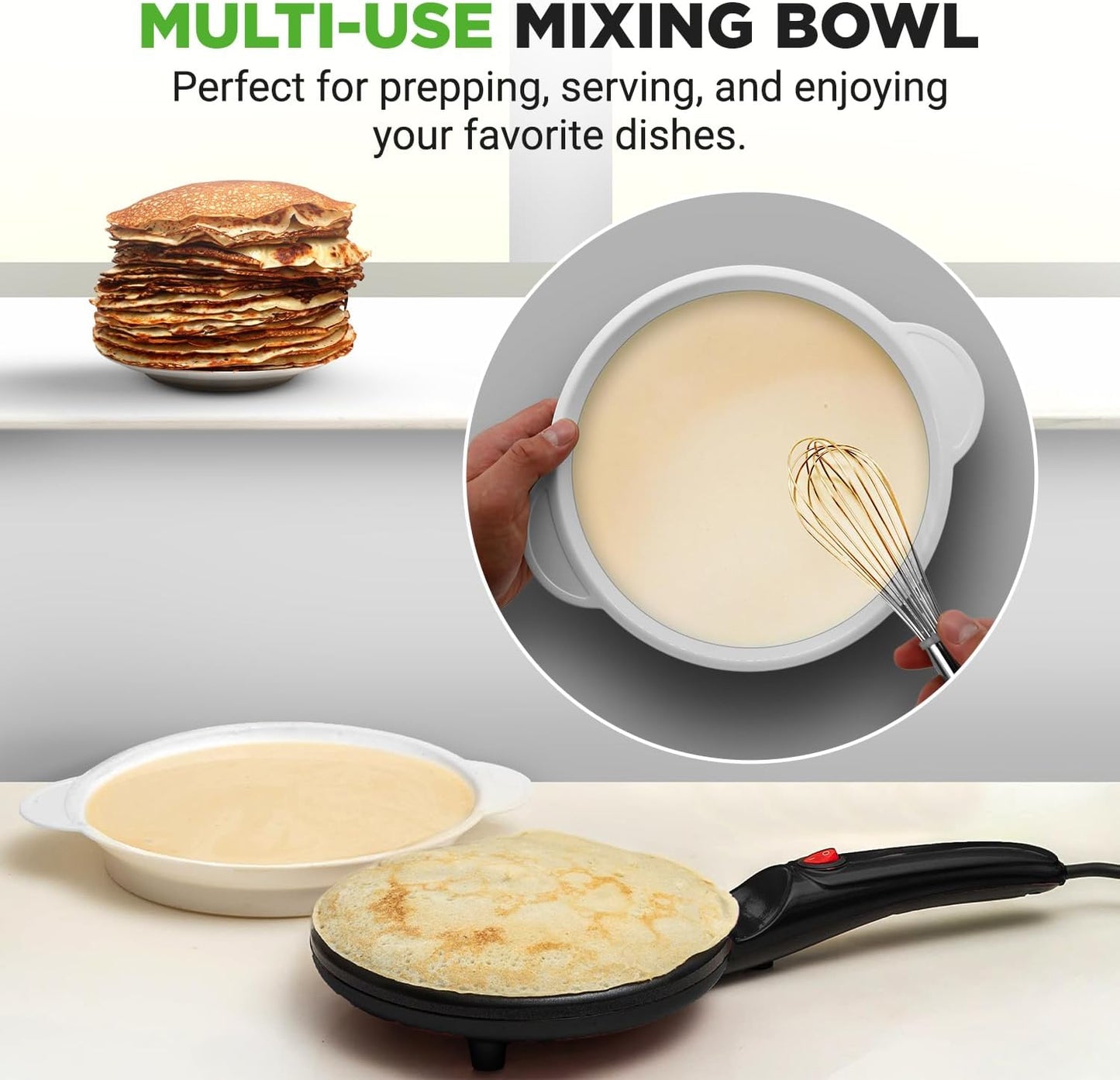 NutriChef Electric Crepe Maker, Cooks Roti, Tortillas, Pancakes, Nonstick Cooktop, 8-inch Cook Area On/Off Switch, Automatic Temperature Control & Cool Touch Handle, Includes Food Bowl, Whisk, Spatula