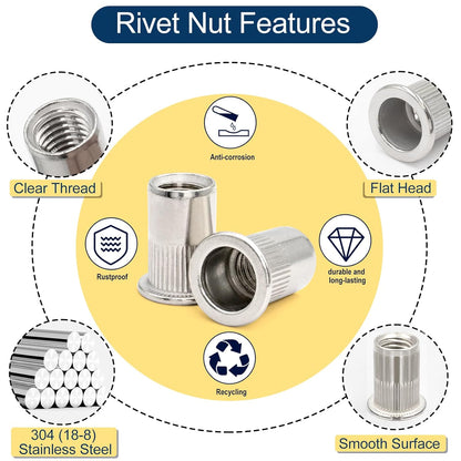 Vifmy Metric & SAE Rivet Nut Assortment Kit(420 Pcs),m3 m4 m5 m6 m8 m10 m12#6-32#8-32#10-24 1/4"-20 5/16"-18 3/8"-16 UNC Flat Head Rivnut Set,Zinc Plated Finish Carbon Steel Nutsert