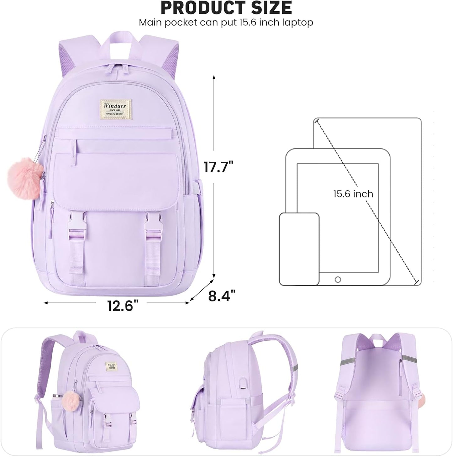 WINDARS School Backpack for Teen Girls, Cute College Backpacks for Women Students Aesthetic Bookbag Large 15.6 Inch Laptop Bag Middle School Travel Back Pack (Khaki Beige)