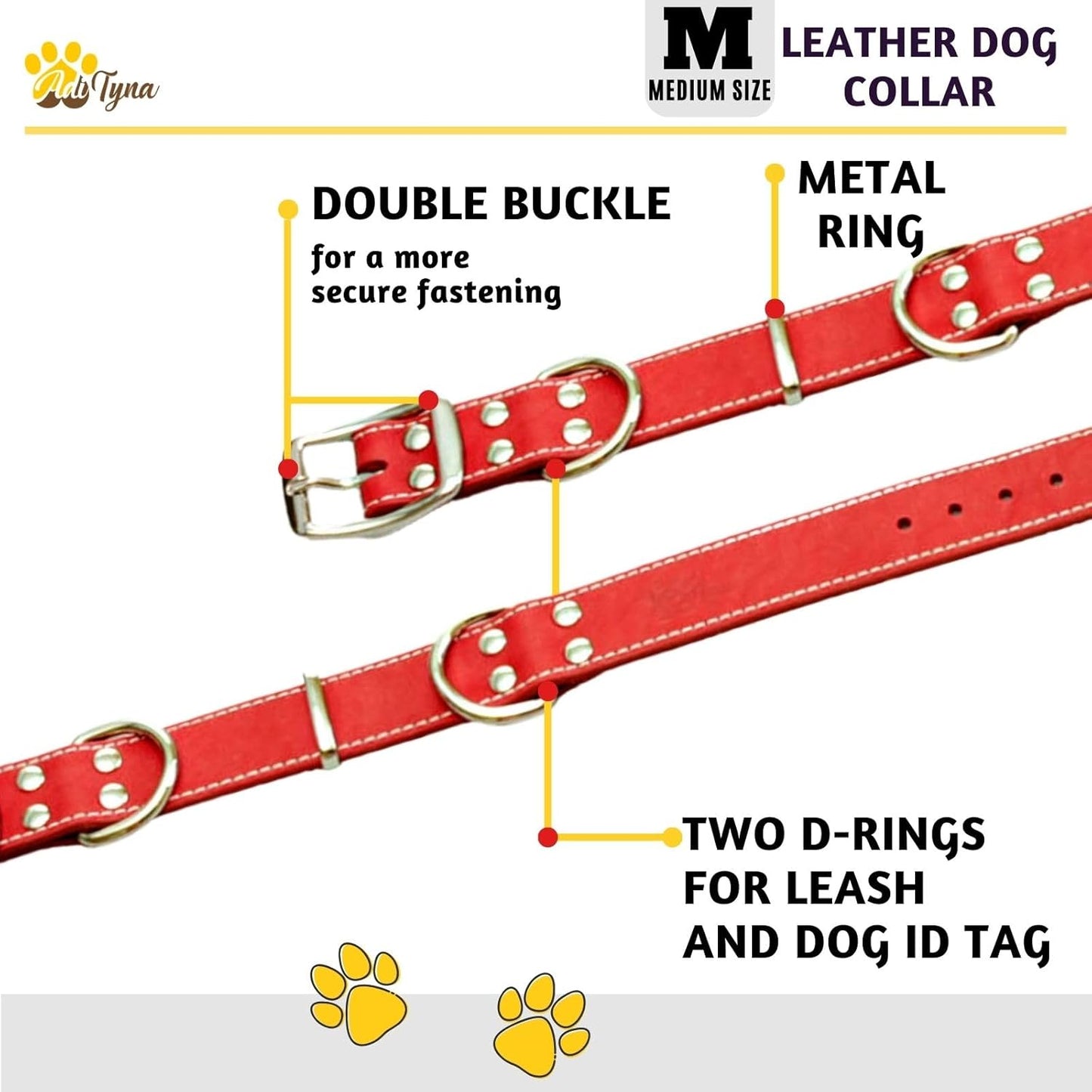 ADITYNA Heavy-Duty Leather Dog Collar for Medium Dogs - Soft and Strong, 100% Genuine Leather - Collier Pour Chien (Medium: Fit 13" - 20" Neck, Brown)