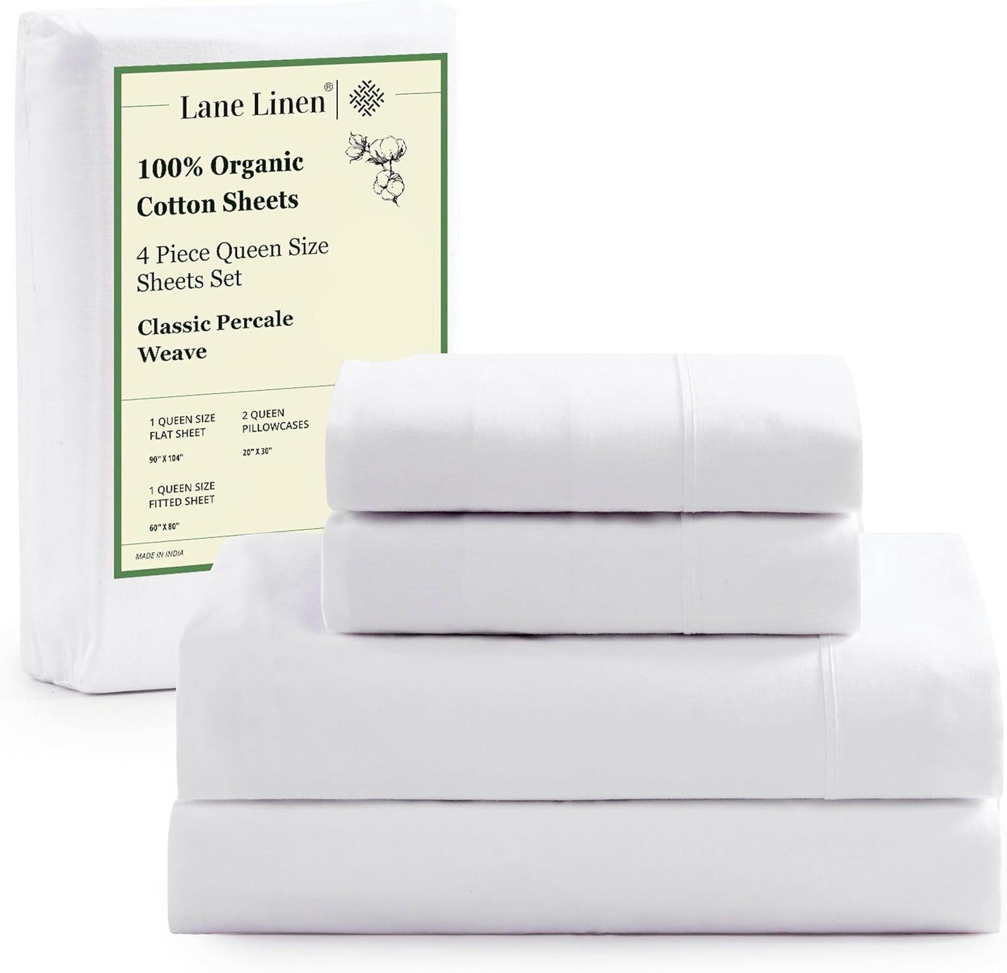 Lane Linen 100% Organic Cotton Queen Sheet Set, 4-Piece Percale Bed Sheets for Queen Bed - Soft, Breathable, Hypoallergenic, Deep Pocket Fits Mattress Up to 15" Deep, Hotel Quality Sheets - White