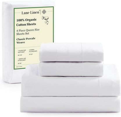 Lane Linen 100% Organic Cotton Queen Sheet Set, 4-Piece Percale Bed Sheets for Queen Bed - Soft, Breathable, Hypoallergenic, Deep Pocket Fits Mattress Up to 15" Deep, Hotel Quality Sheets - White