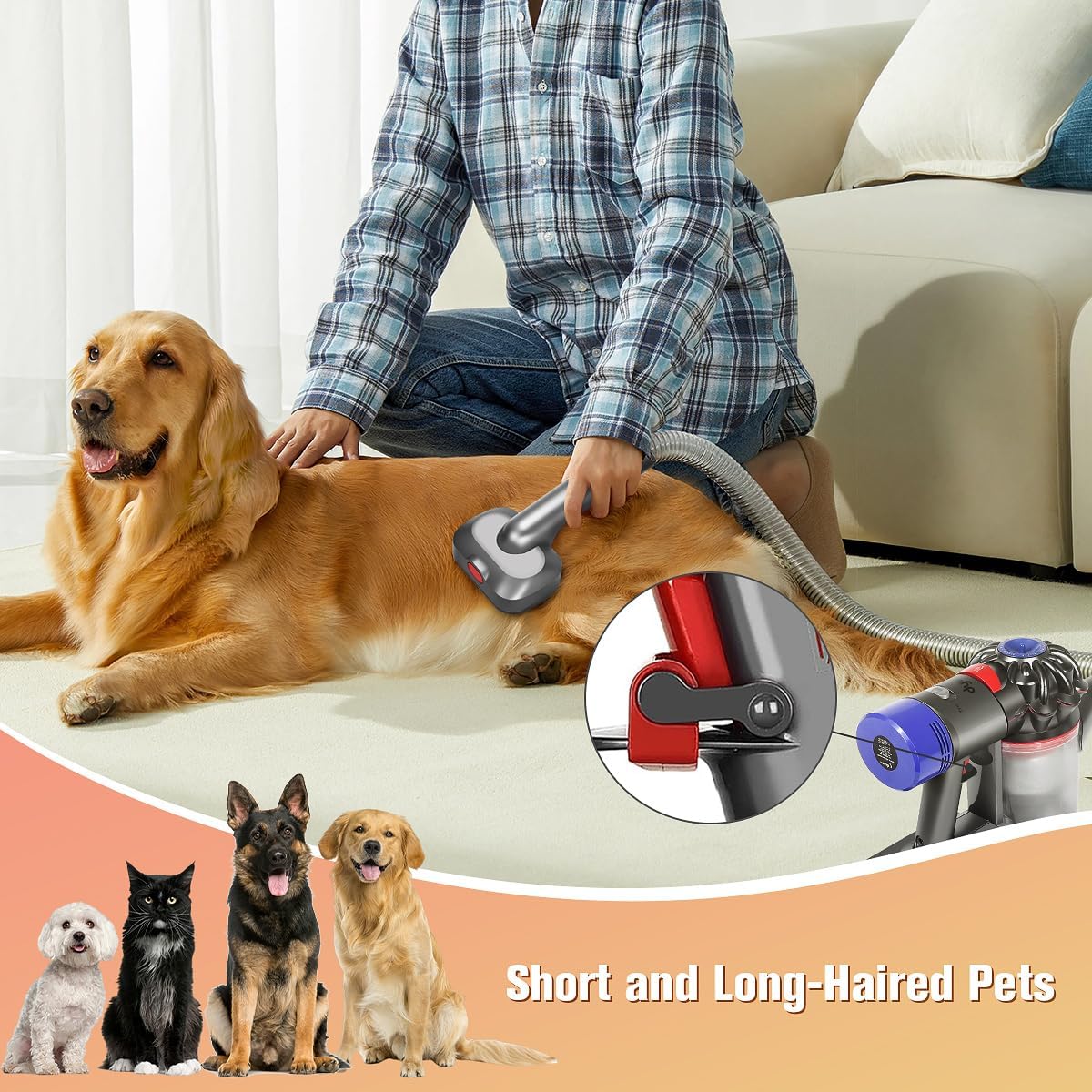 FUNTECK 2-in-1 Dog Hair Vacuum Brush for Grooming & Shedding Compatible with Dyson Gen5, V15, V12, V11, V10, V8, V7 – Removes Loose Hair, Dander, Undercoat & Tangles – Self-Cleaning Design