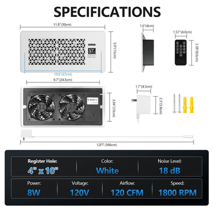Register Booster Fan | 4 x 10 Floor Vent Booster Fan with Thermostat Control, Remote Control, Quiet 10-Speed HVAC Air Vent Fan