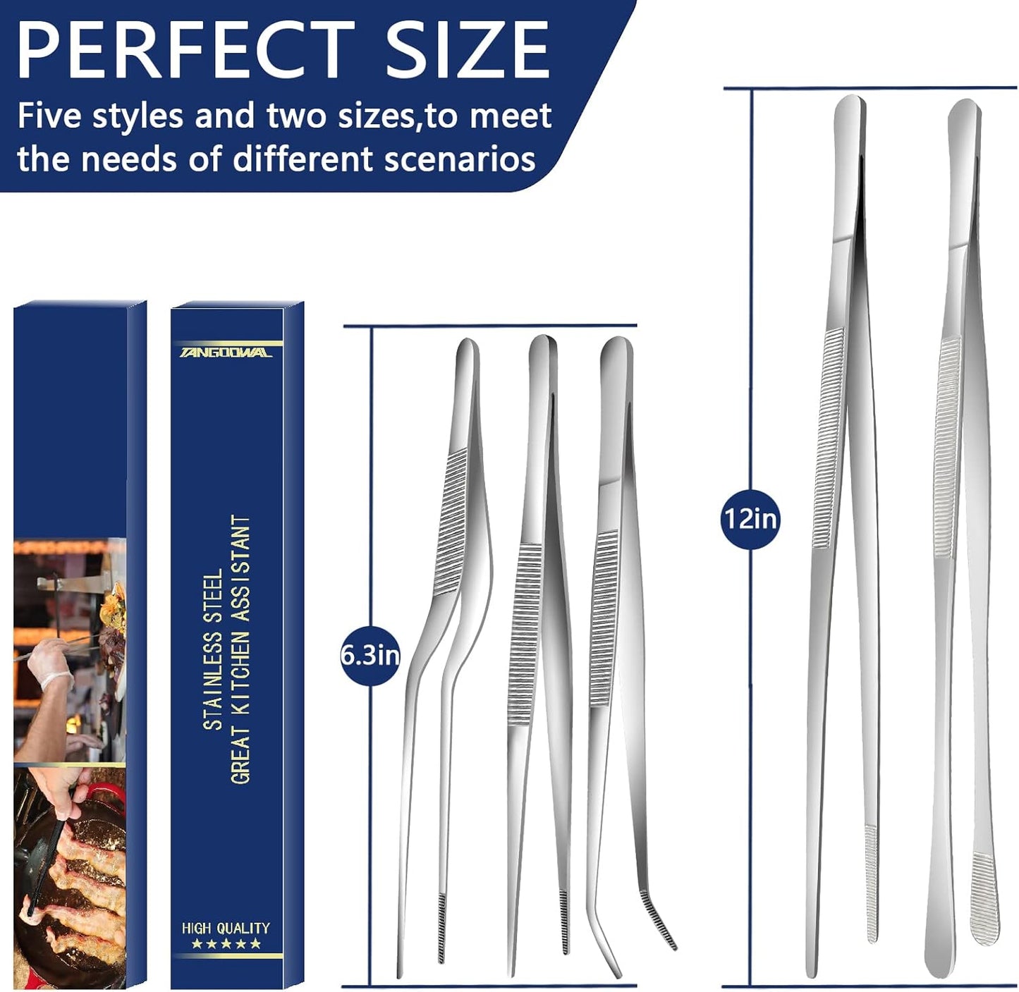 5 Pcs Cooking Fine Tweezers Tongs, Stainless Steel Food Tweezers Set, Professional Kitchen Long Tweezer for Cooking,Repairing,Sea Food,BBQ,Multi-use(12"and 6.3")