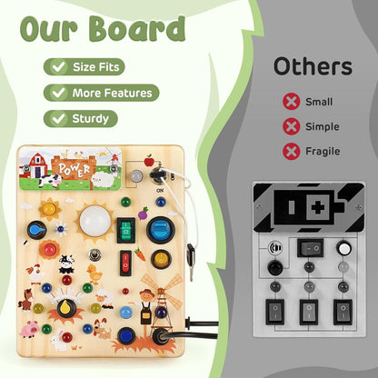 Joyreal Montessori Busy Board Wooden Sensory Toys for Toddler with LED Light Up Switch, Baby Fidget Board Travel Toys for 18+ Months, Boys Girls Birthday