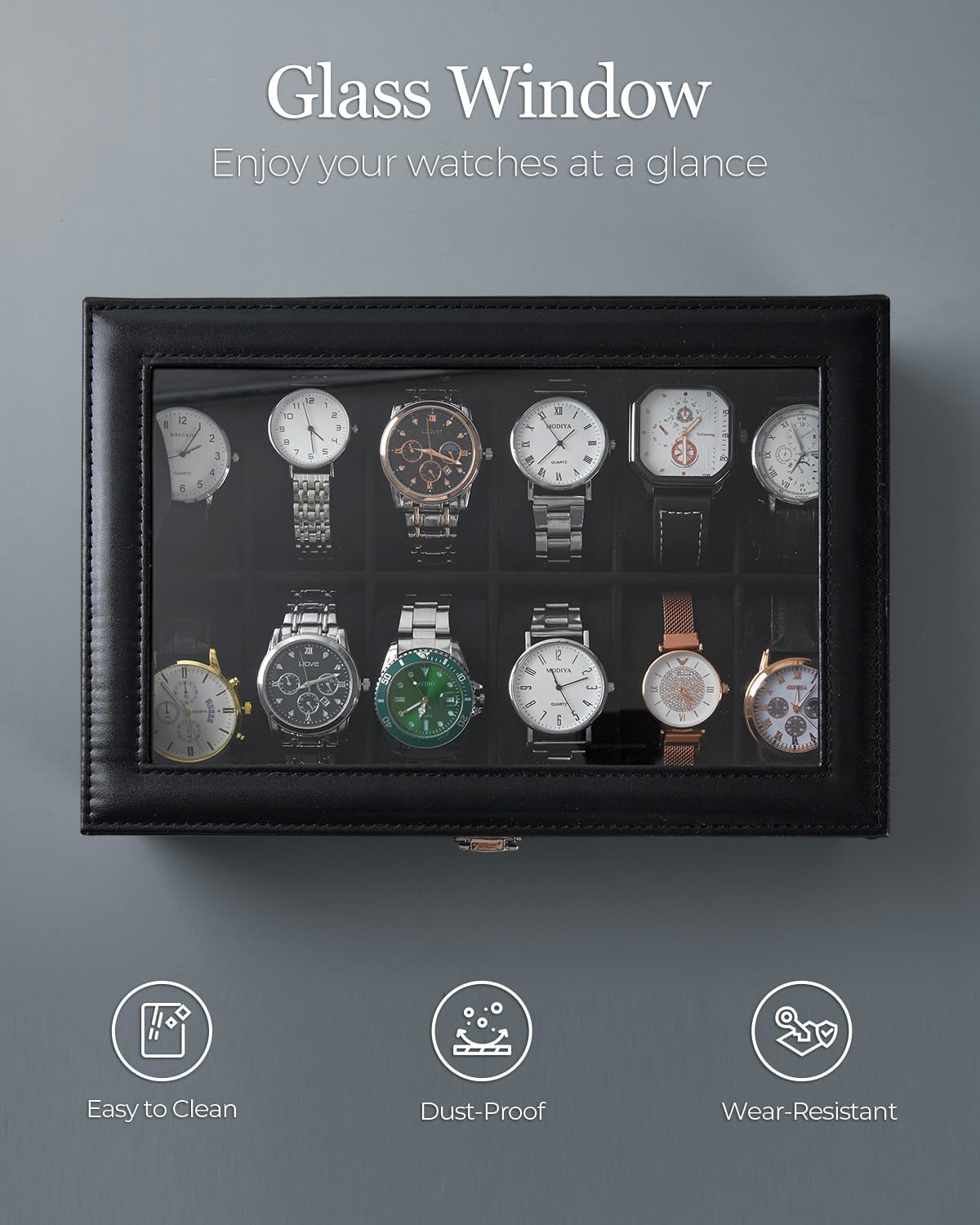 Ohuhu Watch Box Organizer for Men -12 Slot Leather Watch Case with Real Glass Lid Watch Display Case, Watch Organizer Jewelry Storage Box
