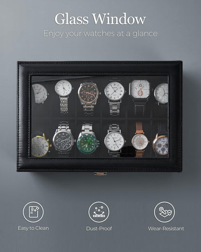 Ohuhu Watch Box Organizer for Men -12 Slot Leather Watch Case with Real Glass Lid Watch Display Case, Watch Organizer Jewelry Storage Box