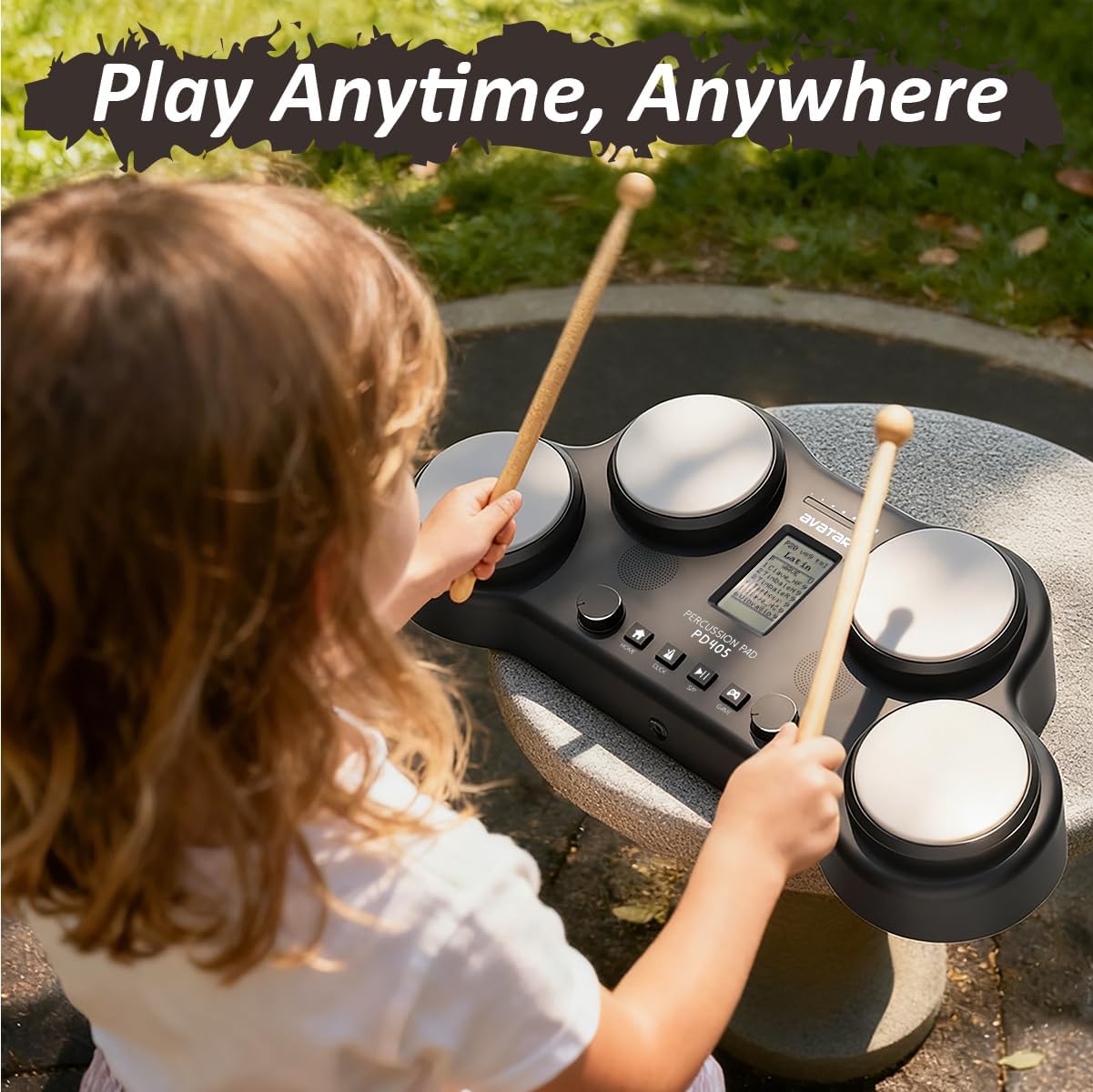 PD405 Tabletop Electric Drum Set with 70 Electronic and Acoustic Drum Kit Sounds, Built-in Speaker, 4 Pads, 2 Pedals and Drum Sticks, Ideal Gift for Teens and Adult Beginners