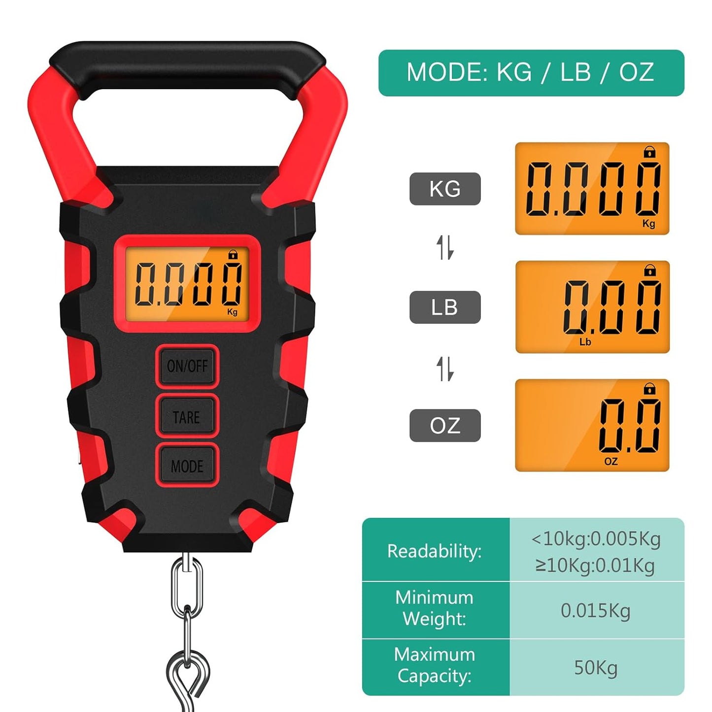 ORIA Fish Scale Digital, Fishing Scale, Fish Scale with Ruler and Fish Gripper, 110lb/50kg Baggage Weighing Scale, Backlit LCD Display (Orange)