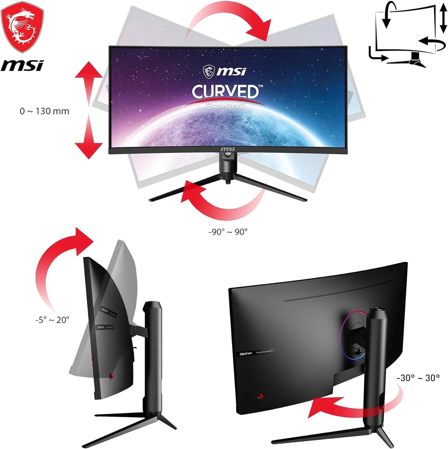 MSI Optix MAG342CQR 1500R Curvature 21:9 Aspect Ratio Narrow Bezel 1ms 3440x1440(UWQHD) 144Hz Refresh Rate Tilt/Swivel/Height/Pivot Adjustment 34" AMD Freesync Gaming Curved Monitor, Black, Pack of 1