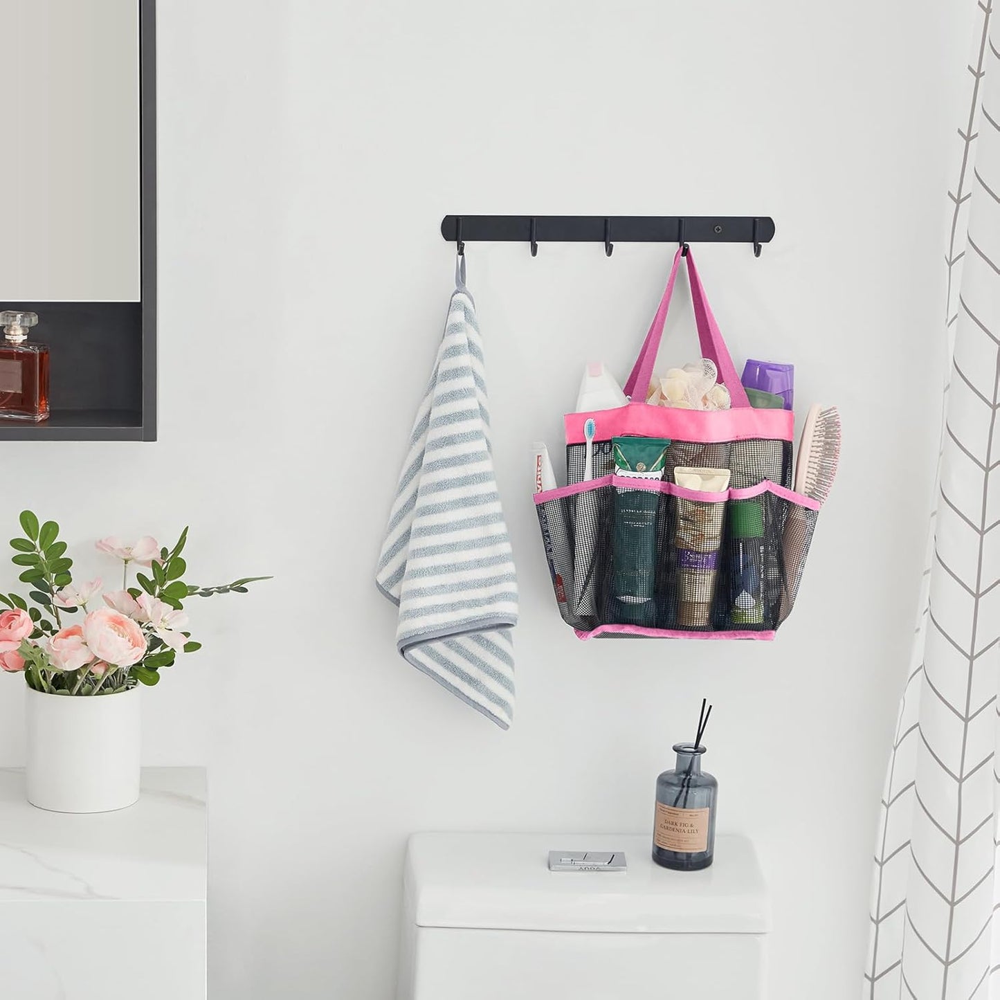 Lifewit Mesh Shower Caddy Freestanding Portable Shower Tote Bag for College Dorm, Bathroom, Gym, Travel, Quick Dry Hanging Shower Organizer with 7 Storage Pockets for Toiletry Essentials, Medium,Black