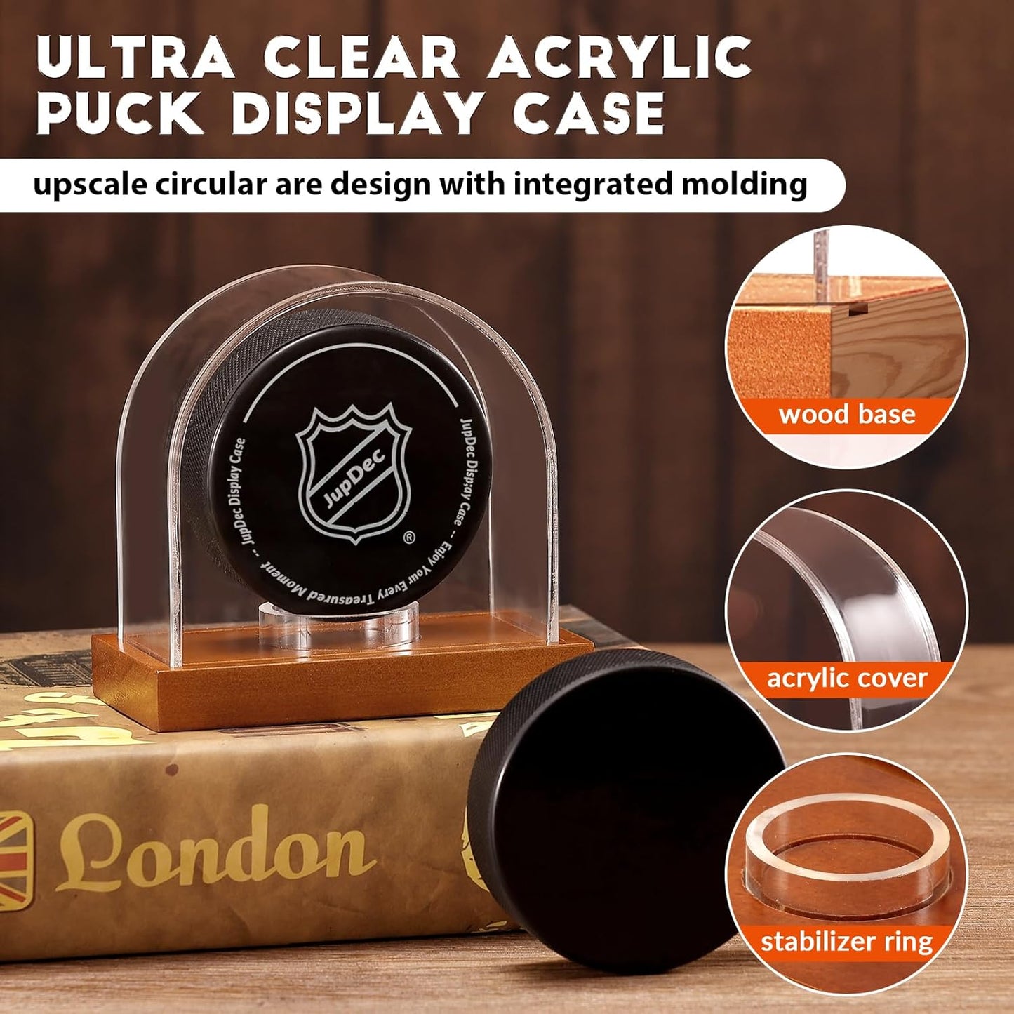 JupDec Baseball Display Case, Clear Cube Baseball Holder with Wooden Base, Autograph Baseball Stand Box for Single Ball, Acacia Wood, Brown, 1 Pack