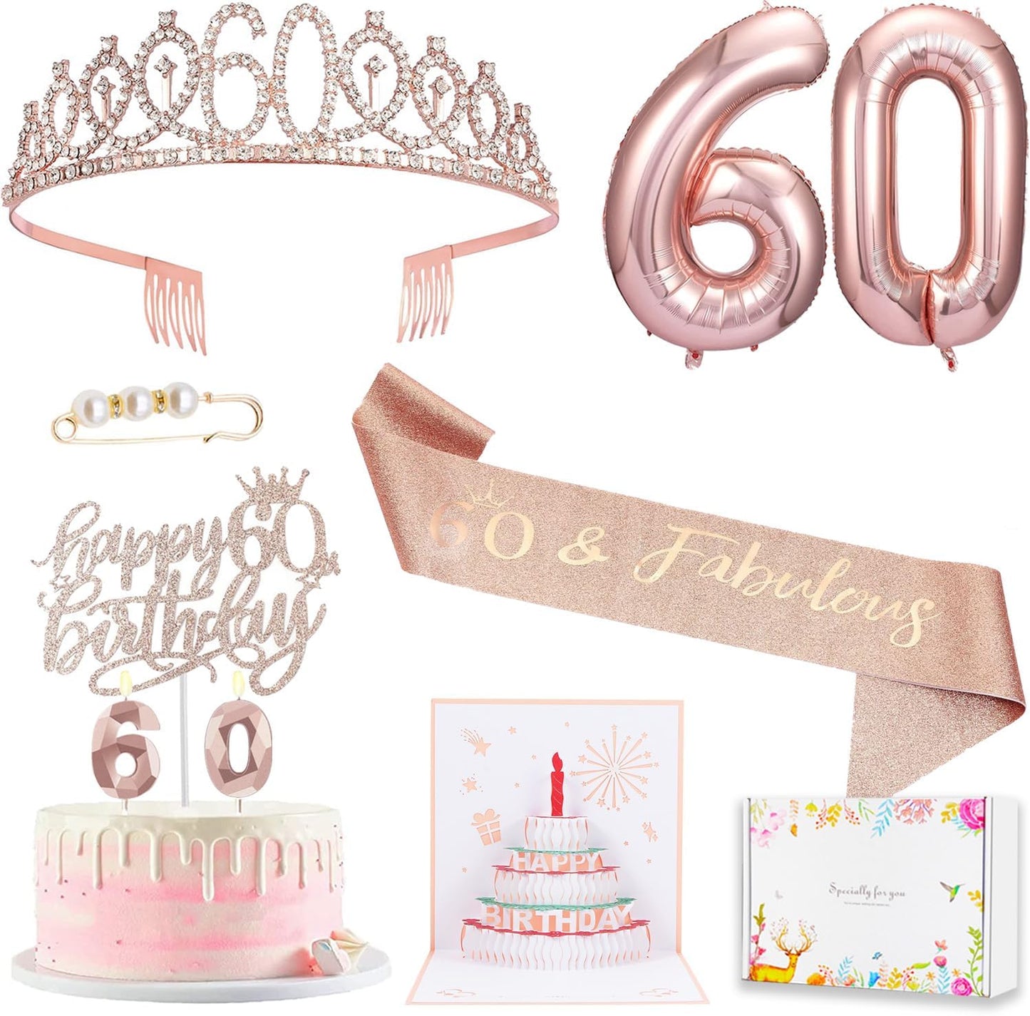 8pcs 40th Birthday Decorations gifts for Women, Including 40th Happy Birthday Cake Topper, Queen Sash with Pearl Pin, Sweet Rhinestone Tiara Crown for Women, Number Candles and Balloons (Rose Gold)