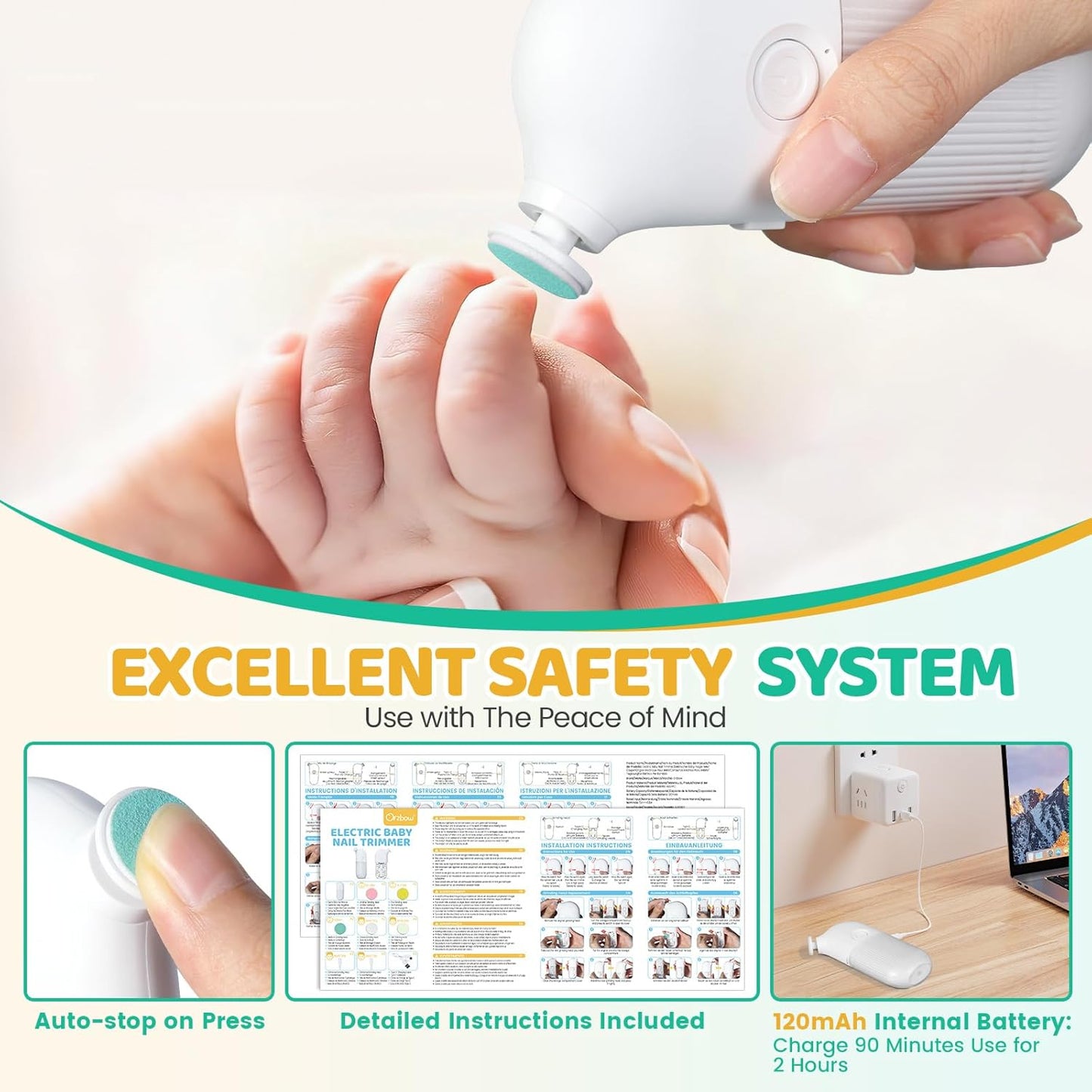 IvyWind Electric Baby Nail File, 7 in 1 Grinding Heads Baby Nail Trimmer, Automatic Baby Nail Clippers for Infant Newborn Toddler Kid Adult, Manicure Fingernail Care Set, 2 Speeds, USB Rechargeable, White