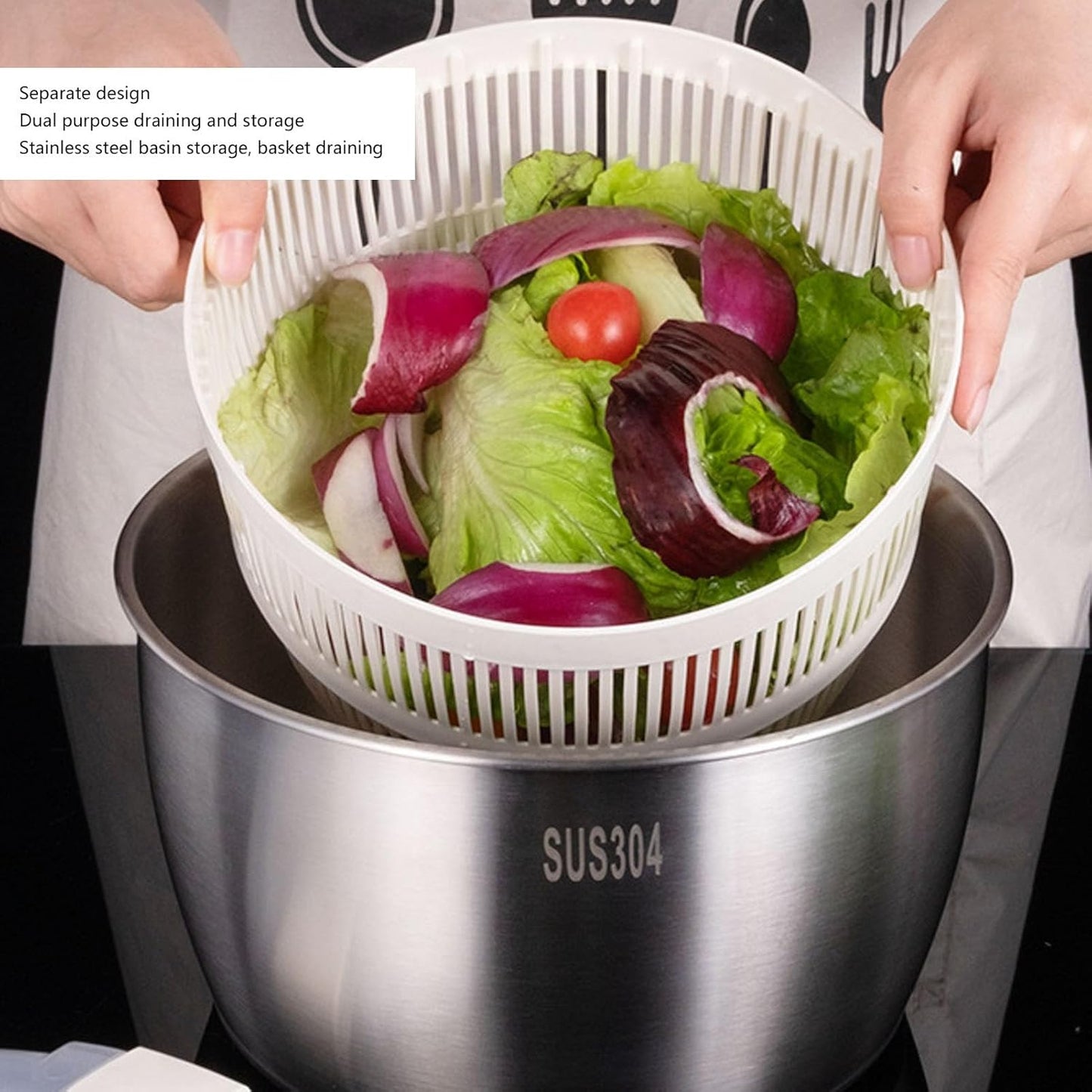 Salad Spinner,Stainless Steel Salad Spinner Multifunctional Large Capacity Lettuce Spinner Vegetable Dryer Fruit Washer Drain Basket