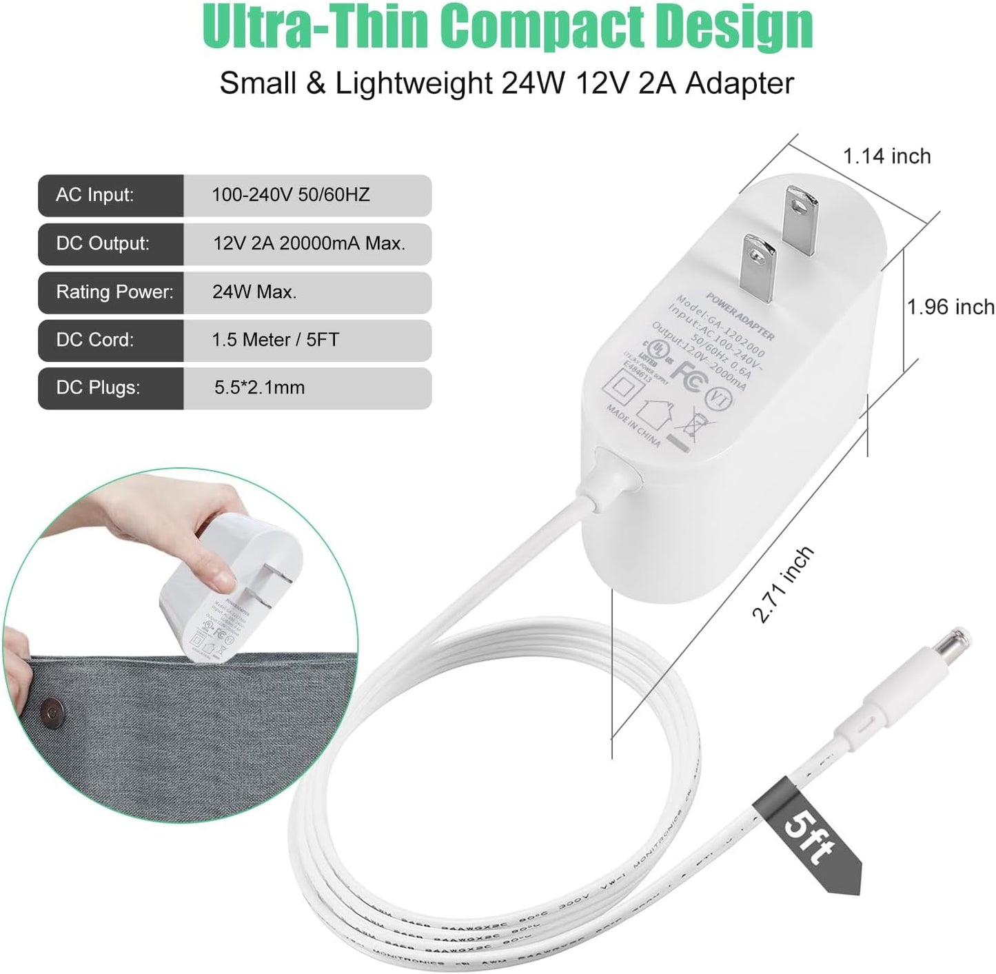 Wefomey 24V 3A Power Supply UL Listed, AC 100~240V to 24V DC Adapter Transformer with 5.5x2.1mm DC Plug, 24 Volt 3 Amp 72W Wall Charger for 5050 3528 LED Strip Light LED Driver CCTV Security System