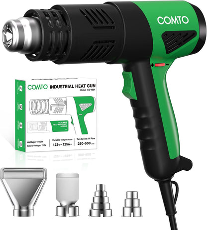 Heat Gun, 1800W Variable Temperature Hot Air Gun with 4 Nozzles | 122°F–1202°F Variable Temperature Control, 4 Metal Nozzles, Retractable Heat Shield, Overheat Protection, PA66 Housing