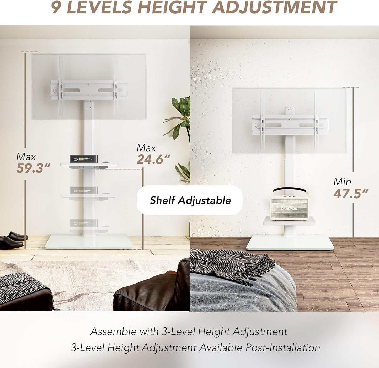 Universal Floor TV Stand with Mount 80 Degree Swivel Height Adjustable and Space Saving Design for Most 27 to 65 inch LCD, LED OLED TVs, Perfect for Corner & Bedroom AX1006TB