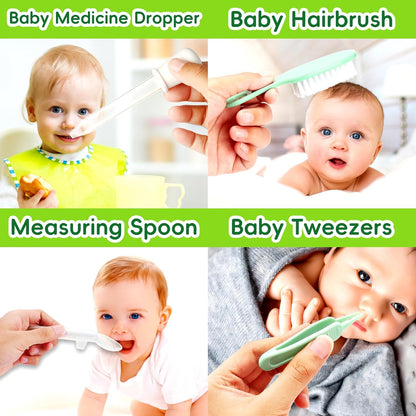 Baby Grooming Kit - 19 in 1 Nursery Essentials Baby Registry Shower Gift for Newborns, Infants, Toddlers, Boys, Girls Kids-Safety Baby Comb, Brush, Finger Toothbrush, Nail Clippers, Scissors(Green)