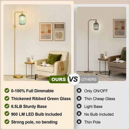 Upgraded】 Dimmable Floor Lamp for Living Room with Green Ribbed Glass Lampshade, Gold Modern Floor Lamp with 900LM LED Bulb Included, Arc Standing Tall Lamp for Bedroom, Office, Reading Room, Corner