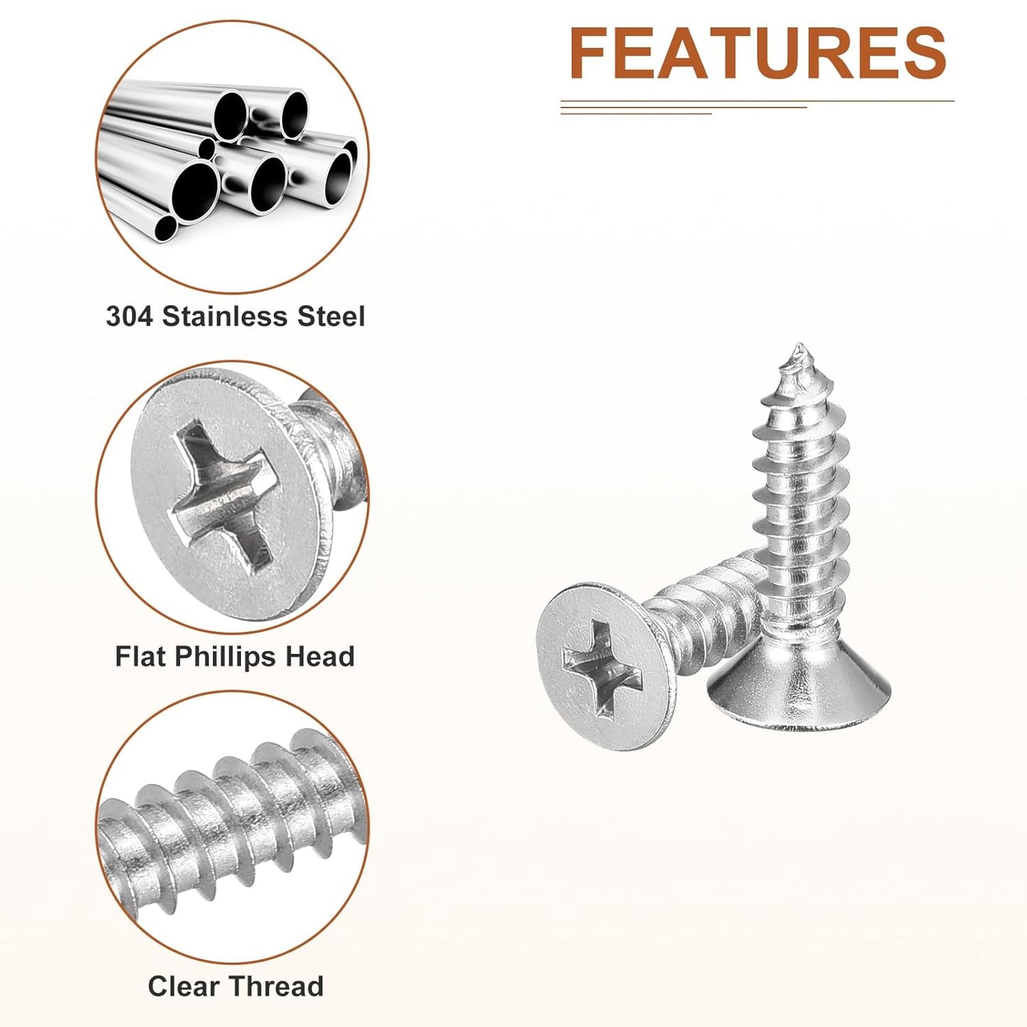 DTGN 100Pcs #8x1 Flat Head Wood Screws, 304 Stainless Steel Phillips Self Tapping Screws - Good for Woodworking, Furniture - Silver