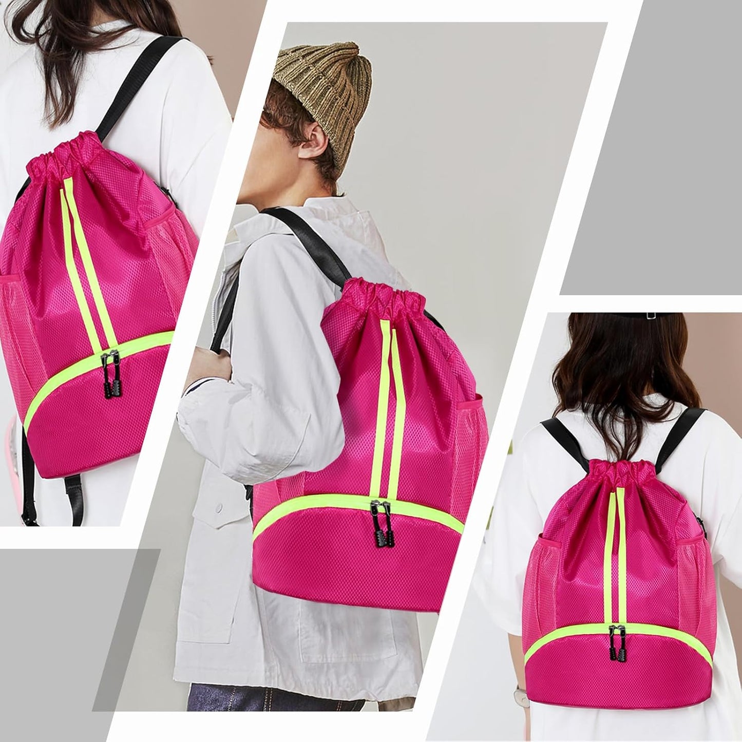 Hoedia Sports Drawstring Backpack - String Swim Gym Bag with Shoes Compartment and Wet Proof Pocket for Women/Men