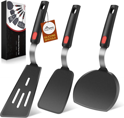 Hotec Silicone Spatula Turner for Nonstick Cookware, Flexible 600F Heat Resistant, Ideal for Flipping Eggs, Burgers, Pancakes, Crepes and More (3 Pack)
