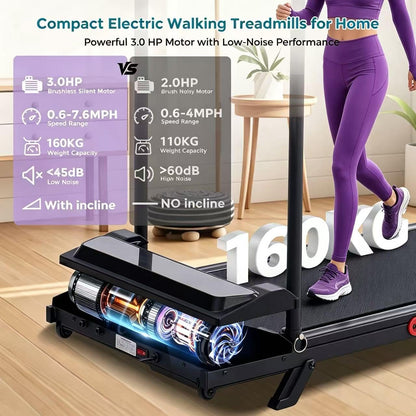 Compact Small Walking Pad Treadmill with Incline, 3.0HP Portable Walking Treadmill with Handle Bar, 0.6-7.6 MPH Mini Treadmills for Home Small, Electric Treadmills for Exercising