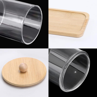 Clear Cotton Swab and Pad Holder Set with Wooden Lids and Vanity Tray, Apothecary Bathroom Storage Containers, 3 Pack - PuriLite
