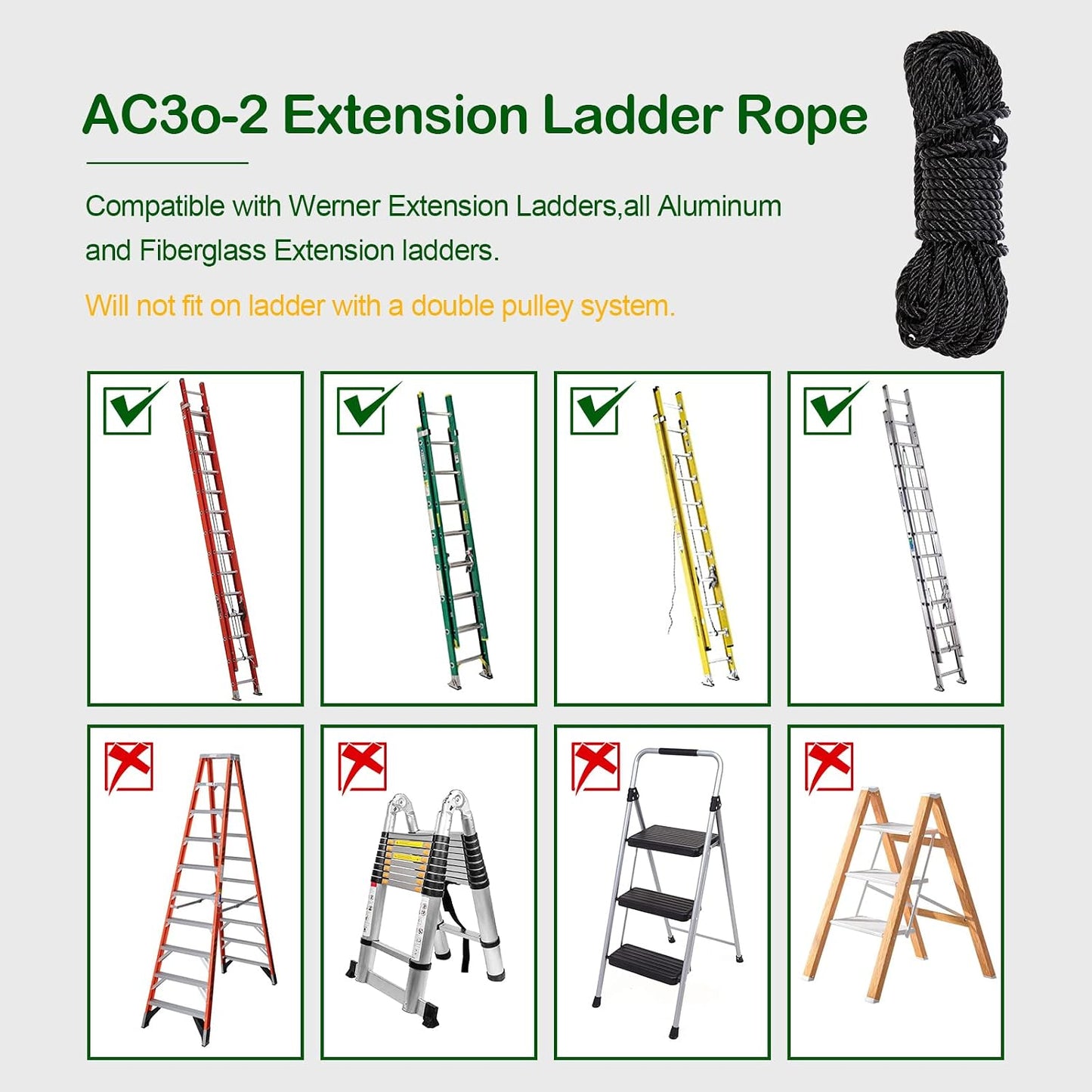 Extension Ladder Rope Replacement Werner Extension Ladder AC30-2 | for All Extension Ladders with Single Pulley 40FT Ladder Rope (1 Pack)