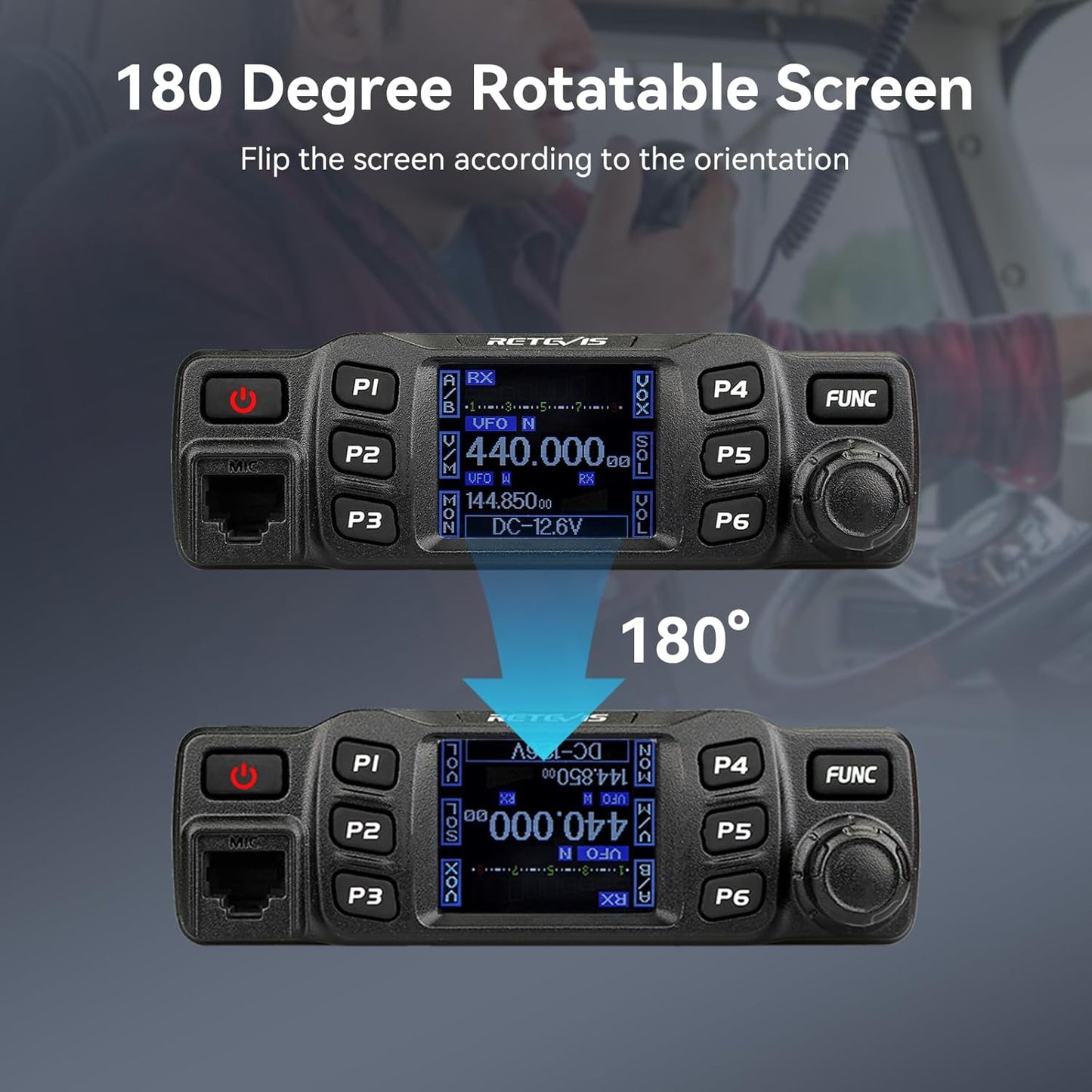 Retevis RT95 Mobile Ham Radio, Dual Band Two Way Radio Long Range, 200 Channels, 180 Rotatable LCD Display, Chirp, VOX, Mini Mobile Transceiver for Cars, Vehicle Driving