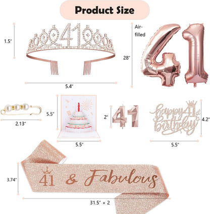 8pcs 40th Birthday Decorations gifts for Women, Including 40th Happy Birthday Cake Topper, Queen Sash with Pearl Pin, Sweet Rhinestone Tiara Crown for Women, Number Candles and Balloons (Rose Gold)