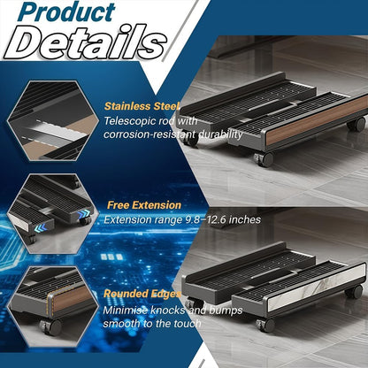Adjustable Mobile CPU Stand with 4 Caster Wheels, Ventilated Computer Tower Stand, PC Cart Holder for Floor, Computer Desktop Stand for Office, Gamers and Students (ack Wood Grain)