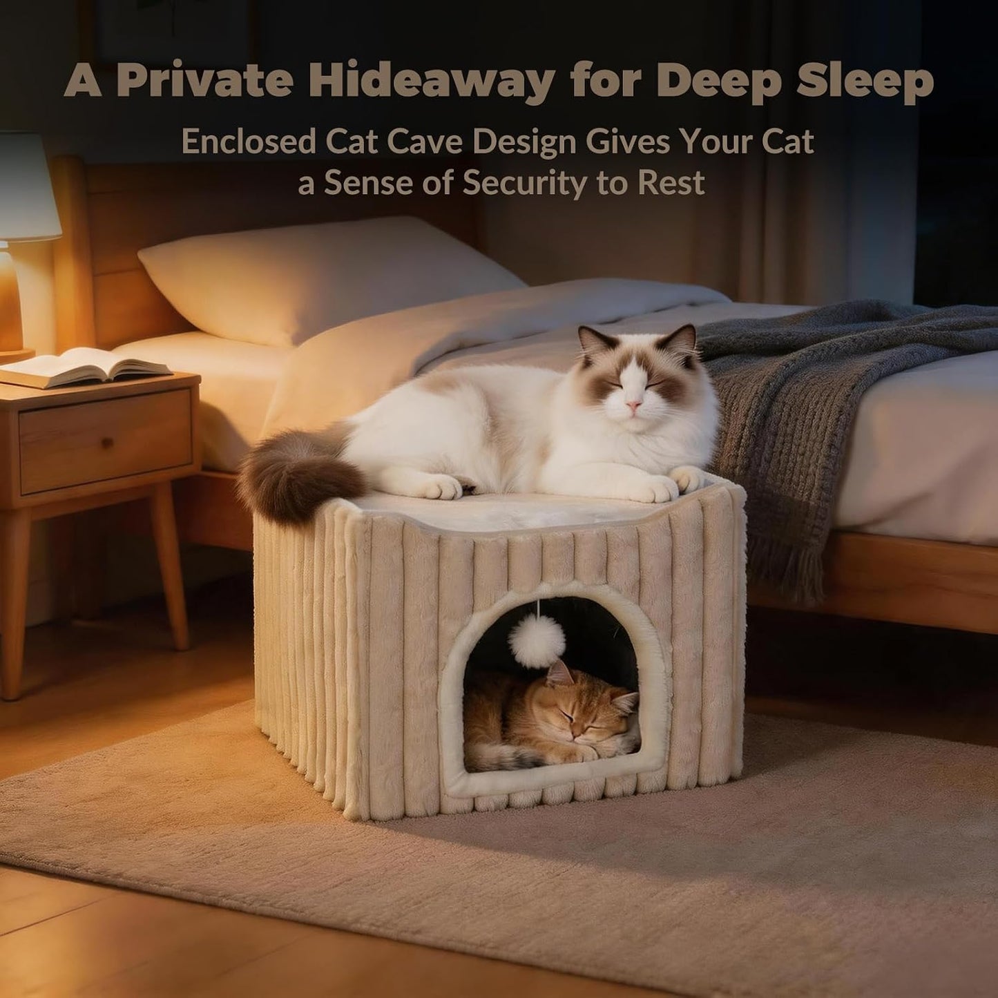 Avont Cat Cube Bed for Indoor Cats, 2-in-1 Enclosed Cat House with Scratching Pad, Foldable Cave Hideaway Bed for Kittens -Cream