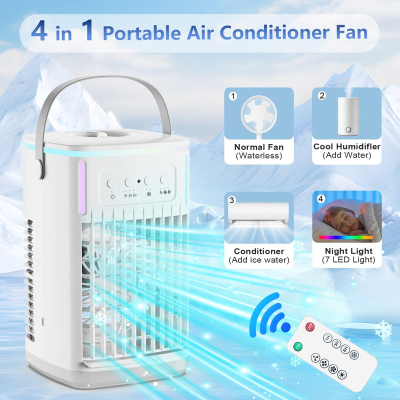 Portable Air Conditioners Fan with Remote, 4-in-1 Portable AC with 1500ml Water Tank, 3 Wind Speeds, 6H Timer, 2 Cool Mist, 7 Lights, Personal Mini Air Conditioner for Room Bedroom Office (Black)