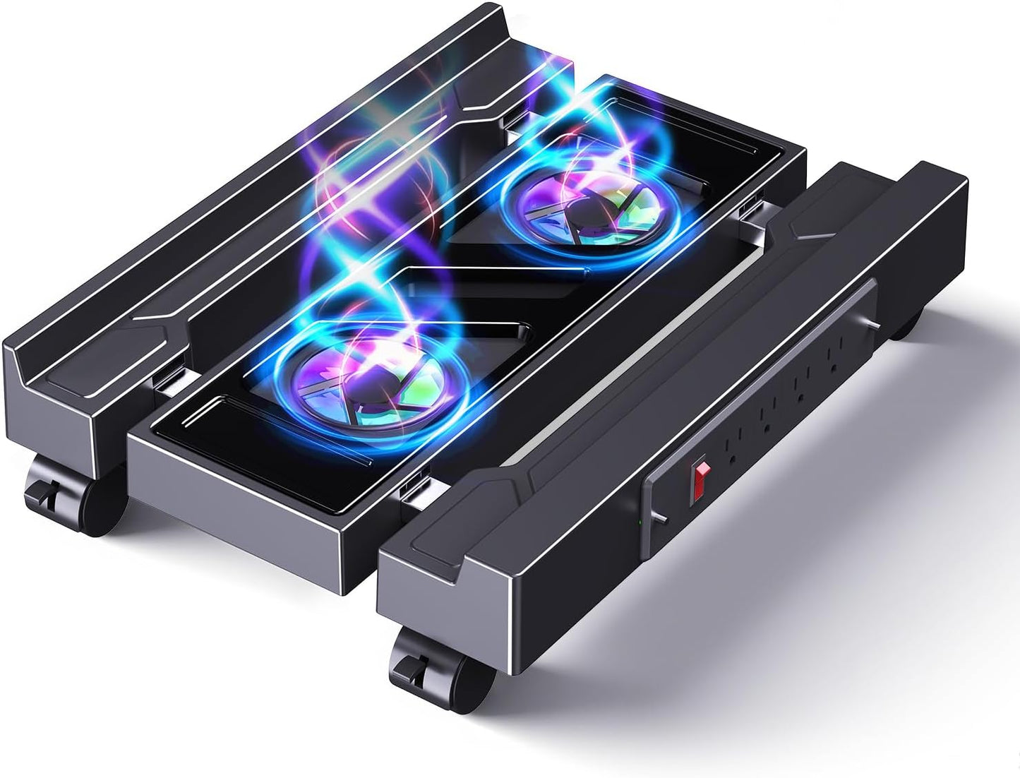 Computer Tower Stand with Charging Station, Cooler Fan and Light, Adjustable PC Stand for Floor, Mobile CPU Stand with 4 Caster Wheels, Under Desk CPU Holder Fits Most PC Tower