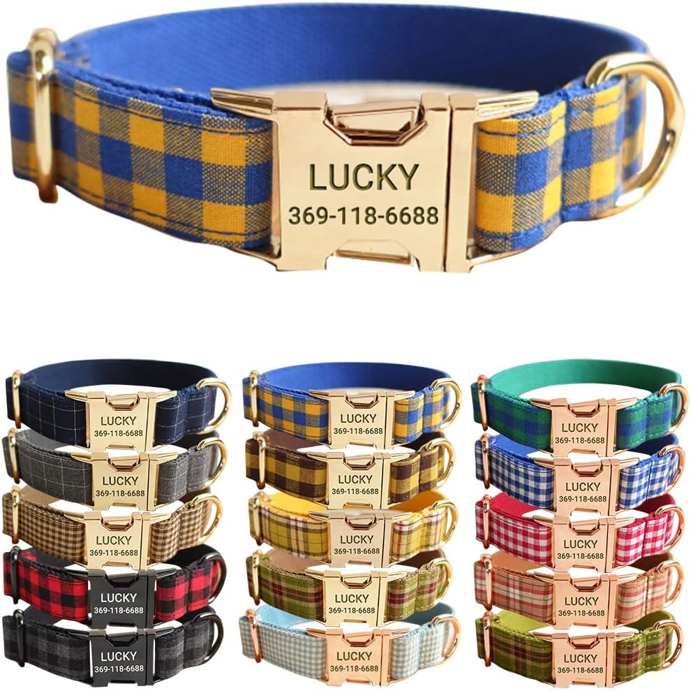 PETDURO Personalized Buffalo Plaid Dog Collar Red Black - Engraved Name and Phone Number on Black Metal Buckle - Custom for Small Medium Large Boy Girl Dogs - Add Leash Bow Tie via Customize Now