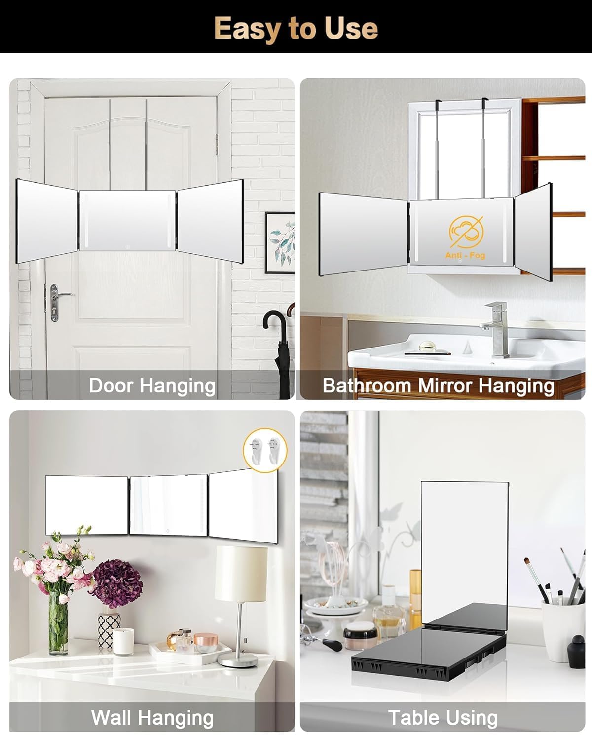 3 Way Mirror for Self Hair Cutting, 360 Trifold Self Haircut Mirror 3 Sided Makeup Mirror to See Back of Head with Height Adjustable Hooks, for Hair Cutting, Makeup, Shaving, Braiding, Styling