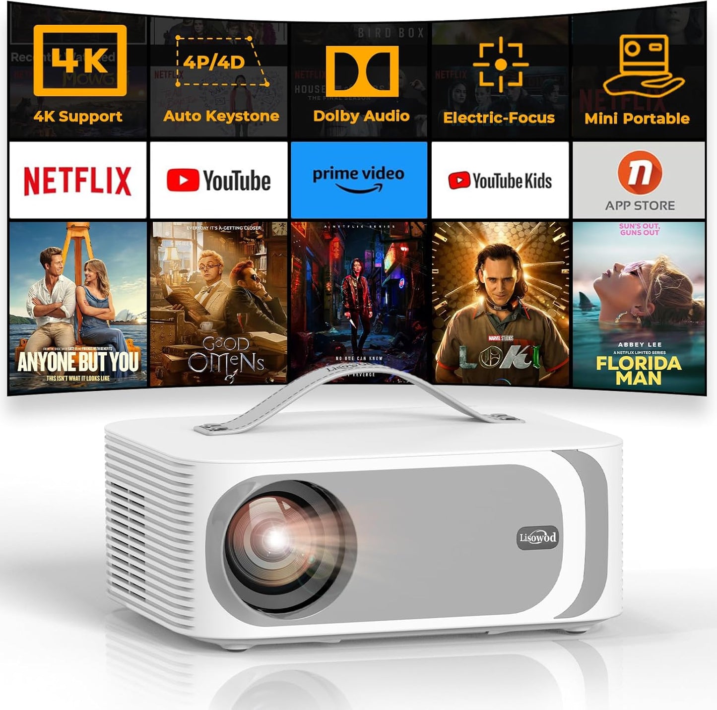 [1000ANSI/Netflix Licensed/25W Dolby Audio] Smart Projector 4K, Mini Projector Bluetooth 5.2 & WiFi 6: 4D/4P Keystone+Electric Focus, Native 1080P, HDR10+, Lisowod Portable Projector for Outdoor Movie