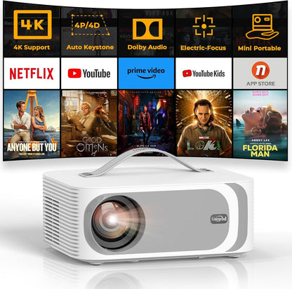 [1000ANSI/Netflix Licensed/25W Dolby Audio] Smart Projector 4K, Mini Projector Bluetooth 5.2 & WiFi 6: 4D/4P Keystone+Electric Focus, Native 1080P, HDR10+, Lisowod Portable Projector for Outdoor Movie